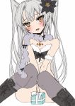  1girl alternate_costume amatsukaze_(kantai_collection) black_footwear boots box brown_eyes chigasaki_y cross-laced_footwear fang feet_out_of_frame fur_trim gift grey_legwear grey_scarf hair_tubes head_tilt highres kantai_collection lace-up_boots long_hair looking_at_viewer open_mouth scarf silver_hair simple_background solo thighhighs two_side_up white_background windsock 