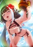  1girl all_fours armpits azur_lane bangs beach_umbrella bikini black_bikini black_hair blue_eyes blue_sky blunt_bangs breasts cleavage cloud collarbone commentary_request day deutschland_(azur_lane) deutschland_(service_time?!)_(azur_lane) english_text eyebrows_visible_through_hair flower from_below front-tie_top hair_flower hair_ornament halter_top halterneck highres large_breasts long_hair lotion low_twintails mole multicolored_hair narrowed_eyes navel open_mouth outdoors pouring pov seigetsu_kotaku side-tie_bikini sky smile smug solo stomach streaked_hair string_bikini sunscreen swimsuit thighs twintails umbrella very_long_hair 