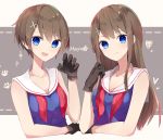  2girls :d aa_(sin2324) alternate_hair_length alternate_hairstyle bangs black_gloves blue_eyes blue_shirt blush brown_hair character_name claw_pose closed_mouth collarbone commentary_request dual_persona eyebrows_visible_through_hair gloves grey_background hair_between_eyes hair_ornament hairclip hand_up heart highres kantai_collection long_hair maya_(kantai_collection) multiple_girls open_mouth red_neckwear sailor_collar school_uniform serafuku shirt short_hair sleeveless sleeveless_shirt smile sparkle two-tone_background very_long_hair white_sailor_collar x_hair_ornament 