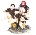  2others androgynous arm_rest black_eyes black_gloves black_hair black_legwear black_neckwear blush bort closed_mouth crossed_arms crossed_legs elbow_gloves flower frown gem_uniform_(houseki_no_kuni) gloves head_tilt houseki_no_kuni knees_up leg_hug lily_pad loafers looking_at_viewer lotus multiple_others necktie on_flower plantar_flexion puffy_short_sleeves puffy_sleeves red_eyes red_hair sakanahen shinsha_(houseki_no_kuni) shoes short_hair short_sleeves shorts thighhighs very_short_hair water white_background white_flower yellow_flower 