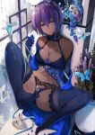  1girl bare_shoulders blue_bra blue_panties bra breasts bug butterfly cleavage dark_skin elbow_gloves fate/grand_order fate_(series) flower gloves hair_between_eyes hassan_of_serenity_(fate) hirai_yuzuki insect lace lace-trimmed_bra lace-trimmed_legwear lace-trimmed_panties lingerie looking_at_viewer mask mask_removed medium_breasts no_shoes panties purple_eyes purple_hair short_hair solo thighhighs underwear 