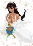  1girl alternate_costume azur_lane blue_flower blue_rose bouquet breasts bridal_veil brown_eyes cleavage commentary_request dark_skin dress elbow_gloves feathers flower gloves hair_feathers holding holding_bouquet jewelry kabahuji_0630 large_breasts native_american necklace rose shiny shiny_skin smile south_dakota_(azur_lane) thighhighs tri_braids veil wedding_dress white_legwear 