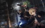  anthropomorphism blonde_hair brown_eyes brown_hair building city girls_frontline gloves green_eyes green_hair grizzly_mkv_(girls_frontline) gun jakoujika logo m950a_(girls_frontline) rain short_hair shorts thighhighs twintails water weapon welrod_mkii_(girls_frontline) yellow_eyes 