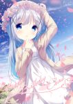 1girl :d arm_up bangs blue_eyes blue_flower blue_hair blue_sky blush brown_jacket character_name chinomaron cloud commentary_request day dress eyebrows_visible_through_hair flower flower_wreath frilled_dress frills gochuumon_wa_usagi_desu_ka? hair_ornament happy_birthday head_tilt head_wreath highres jacket kafuu_chino long_hair long_sleeves looking_at_viewer open_clothes open_jacket open_mouth outdoors petals pink_flower signature sky smile solo very_long_hair white_dress wind x_hair_ornament 