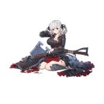  1girl alternate_costume armor axe bangs belt black_background black_pupils black_ribbon blood blood_drip blood_on_face bloody_clothes bloody_weapon braid breastplate breasts cleavage corset crazy_eyes damaged dress elbow_pads eyebrows_visible_through_hair flag full_body girls_frontline gloves gradient_hair greaves grey_dress grey_hair gun hand_behind_head holding holding_gun holding_weapon labyrinth_of_the_dark large_breasts long_hair looking_at_viewer multicolored_hair namesake neck_ribbon official_art plate_armor pouch red_eyes red_hair red_ribbon ribbon shield shotgun shotgun_shells sidelocks silver_hair sitting slit_pupils smile solo spas-12 spas-12_(girls_frontline) sword terras torn_clothes transparent_background twintails wariza weapon 