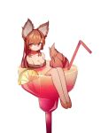  1girl absurdres animal_ear_fluff animal_ears bangs bare_shoulders blush breasts brooch brown_footwear brown_hair cleavage collarbone commentary_request cup cupping_glass dress drinking_straw eyebrows_visible_through_hair flats food fruit hh highres imaizumi_kagerou in_container in_cup jewelry lemon lemon_slice long_hair looking_at_viewer medium_breasts off-shoulder_dress off_shoulder partially_submerged red_eyes simple_background sitting solo tail touhou white_background wolf_ears wolf_tail 