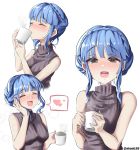  1girl absurdres alternate_costume blue_hair braid brown_eyes closed_eyes crown_braid cup drinking fire_emblem fire_emblem:_three_houses highres holding holding_cup marianne_von_edmund multiple_views open_mouth simple_background sleeveless steeb26 twitter_username white_background 