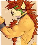  &lt;3 2019 anthro biceps body_hair bowser chest_hair clothed clothing ear_piercing ear_ring facial_hair facial_piercing hair hanzotitmada horn koopa looking_at_viewer male mario_bros muscular muscular_male nintendo nipples nose_piercing nose_ring piercing red_eyes red_hair scalie sharp_teeth simple_background smile solo spike_(disambiguation) teeth topless vein video_games 