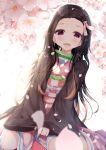  1girl :d aties20 bamboo bangs bit_gag black_hair blurry blurry_foreground blush brown_hair checkered commentary_request depth_of_field dutch_angle fangs flower forehead gag gradient_hair hair_ribbon japanese_clothes kamado_nezuko kimetsu_no_yaiba kimono long_hair long_sleeves looking_at_viewer multicolored_hair obi open_clothes open_mouth parted_bangs petals pink_kimono pink_ribbon purple_eyes ribbon sash sleeves_past_wrists smile solo very_long_hair white_flower wide_sleeves 