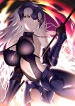  1girl absurdres ahoge armor armored_dress bangs bare_shoulders blonde_hair breasts chain cleavage commentary dress eyebrows_visible_through_hair fate/apocrypha fate/grand_order fate_(series) floating_hair gauntlets gloves headpiece higandgk highres jeanne_d&#039;arc_(alter)_(fate) jeanne_d&#039;arc_(fate)_(all) large_breasts long_hair looking_at_viewer parted_lips silver_hair solo standard_bearer thighs tsurime yellow_eyes 