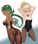  2girls arms_up ass blonde_hair breasts closed_mouth dark_skin detached_collar from_behind green_eyes green_hair holding holding_plate leotard lillie_(pokemon) long_hair looking_back mao_(pokemon) multiple_girls ontaros open_mouth plate pokemon pokemon_(game) pokemon_sm ponytail simple_background smile trial_captain twintails wrist_cuffs 