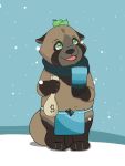  2019 anthro asian_clothing belly blush canid canine clothing east_asian_clothing fundoshi green_eyes humanoid_hands japanese_clothing leaf limeadepop mammal navel raccoon_dog scarf snow solo tanuki underwear 