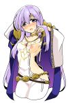  1girl armpit_peek blush breasts covered_nipples cowboy_shot dress embarrassed eyebrows_visible_through_hair fire_emblem fire_emblem:_genealogy_of_the_holy_war hair_between_eyes hand_in_hair headband highres julia_(fire_emblem) lavender_eyes lavender_hair long_hair looking_at_viewer medium_breasts nipples one_breast_out open_mouth robe simple_background solo straight_hair sweatdrop twitter_username wavy_mouth white_background white_dress wide_sleeves yukia_(firstaid0) 