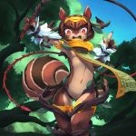  accessory anthro brown_body brown_fur brown_hair clothing female fur hair hair_accessory hairband holding_object holding_weapon kamukamu6392 kemono mammal nature navel open_mouth outside red_eyes rodent sciurid short_hair solo tree weapon whip 