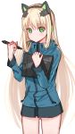  1girl absurdres blonde_hair blue_jacket cat_ear_headphones clipboard cosplay eromanga_sensei girls_frontline green_eyes hayarob headphones highres izumi_sagiri izumi_sagiri_(cosplay) jacket long_bangs long_hair miniskirt pen skirt solo thighs tmp_(girls_frontline) 