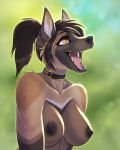  &lt;3 &lt;3_eyes 2019 anthro areola black_lips black_nose breasts brown_body brown_fur brown_hair canid canine canis collar digital_media_(artwork) domestic_dog eyebrows eyelashes female fur hair lips mammal nipples open_mouth solo teeth tongue wyla 