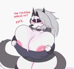  2019 anthro areola areola_slip big_breasts blush breasts canid canid_demon canine canis collar demon digital_media_(artwork) english_text fur grey_hair hair hellhound helluva_boss hi_res huge_breasts loona_(vivzmind) mammal piercing red_sclera slickerwolf text white_body white_fur wolf 