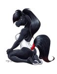  2019 black_hair breasts butt clothing equid equine female furgonomics hair half-closed_eyes hooves horse leotard looking_at_viewer looking_back mammal megan_giles narrowed_eyes one-piece_swimsuit simple_background smile solo swimwear tail_wraps underhoof white_background wraps 