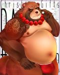  2019 anthro asian_clothing belly blush brown_body brown_fur bulge canid canine clothing east_asian_clothing fundoshi fur gyobu humanoid_hands japanese_clothing leaf male mammal moobs navel nipples overweight overweight_male purple_tuesdays raccoon_dog scar solo tanuki tattoo text tokyo_afterschool_summoners underwear video_games 
