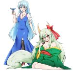  2girls :d alternate_costume artist_request bangs bare_shoulders barefoot black_legwear blue_dress blue_hair blush bow breasts cleavage collarbone cup dress drinking_glass dual_persona earrings ex-keine green_hair green_kimono hair_between_eyes hand_up head_tilt high_heels holding holding_cup horn_bow horns japanese_clothes jewelry kamishirasawa_keine kimono long_hair long_sleeves looking_at_viewer multiple_girls no_hat no_headwear obi off_shoulder open_mouth pendant puffy_short_sleeves puffy_sleeves red_bow red_eyes red_footwear red_sash sash shirt short_sleeves side_slit sidelocks sitting smile sukusuku_hakutaku tail thighhighs touhou transparent_background very_long_hair white_shirt wide_sleeves 