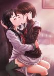  2girls absurdres bed black_eyes black_hair blurry blurry_background blush brown_hair cardigan chair closed_eyes depth_of_field dress english_commentary hand_on_another&#039;s_head hands_on_another&#039;s_back highres imminent_kiss indoors itaro kagajou_suzume kusunoki_mebuki kusunoki_mebuki_wa_yuusha_de_aru long_hair long_sleeves looking_at_another low_twintails multiple_girls neckerchief off_shoulder parted_lips profile sailor_dress school_uniform serafuku short_hair_with_long_locks sitting sitting_on_lap sitting_on_person thighhighs twintails yuri yuusha_de_aru 