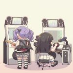  2girls arcade_cabinet ayasaka bang_dream! black_bow black_footwear black_hair bow commentary_request drum drumsticks electric_guitar from_behind guitar hair_bow instrument layered_skirt multiple_girls playing_games purple_hair shirokane_rinko shoes sitting skirt standing striped striped_legwear thighhighs twintails udagawa_ako 