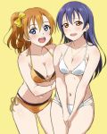  2girls :d bikini blue_eyes blue_hair blush bow breasts cleavage collarbone cowboy_shot front-tie_bikini front-tie_top hair_bow halterneck jewelry kousaka_honoka looking_at_viewer love_live! love_live!_school_idol_project medium_breasts multiple_girls navel necklace one_side_up open_mouth orange_bikini orange_eyes orange_hair side-tie_bikini simple_background smile sonoda_umi swimsuit turkey_min white_bikini yellow_background yellow_bow 