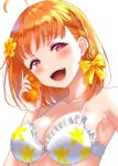  1girl :d ahoge bangs bikini blush bow braid breasts cleavage collarbone flower frilled_bikini frills hair_bow hair_flower hair_ornament halterneck highres love_live! love_live!_sunshine!! medium_breasts object_to_cheek open_mouth orange_hair red_eyes short_hair side_braid simple_background smile solo swimsuit takami_chika tupet upper_body usamaru67pi white_background white_bikini yellow_bow yellow_flower 