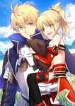  1boy 1girl ahoge armor arthur_pendragon_(fate) bare_shoulders blonde_hair braid breastplate child fangs fate/apocrypha fate/grand_order fate/prototype fate_(series) father_and_daughter french_braid gauntlets greaves green_eyes highres mordred_(fate) mordred_(fate)_(all) pauldrons ponytail red_scrunchie scrunchie shiguru younger 