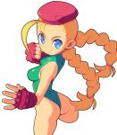  1girl ass beret blonde_hair blue_eyes braid breasts cammy_white closed_mouth fingerless_gloves gloves green_leotard hat leotard long_hair looking_at_viewer medium_breasts metata red_gloves red_headwear simple_background solo street_fighter twin_braids white_background 