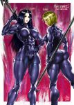  2girls ass black_hair blonde_hair bodysuit breasts character_request covered_nipples from_behind gloves hand_on_hip highres large_breasts lipstick long_hair looking_at_viewer makeup medium_breasts multiple_girls muscle muscular_female one-punch_man polearm short_hair smile spear the_golden_smurf thick_thighs thighs weapon yellow_eyes 