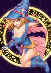  1girl absurdres bangs bare_shoulders blonde_hair blue_dress blue_footwear blue_headwear blush blush_stickers boots breasts cleavage collarbone dark_magical_circle dark_magician_girl detached_sleeves dress duel_monster green_eyes hair_between_eyes hat highres knee_boots large_breasts long_hair looking_at_viewer open_mouth pentagram pink_skirt satosi skirt smile solo sparkle staff thighs wizard_hat yuu-gi-ou yuu-gi-ou_duel_monsters 