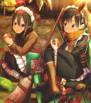  2girls :o :t abo_(kawatasyunnnosukesabu) apron autumn autumn_leaves bangs bench black_coat black_eyes black_hair black_scarf black_skirt blush boots broom brown_coat brown_footwear coat commentary_request day eating food frilled_apron frilled_skirt frilled_sleeves frills fruit highres holding holding_food holding_fruit leaf leaf_on_head long_hair long_sleeves maid multiple_girls orange_scarf original outdoors park_bench persimmon plaid plaid_scarf red_eyes scarf sitting skirt smile squatting wide_sleeves 