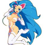  1girl ;d animal_ears big_hair blue_eyes blue_hair breasts cat_ears claws collarbone commentary_request fang felicia full_body fur long_hair looking_at_viewer medium_breasts metata navel one_eye_closed open_mouth paws smile solo vampire_(game) very_long_hair 