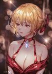  1girl alternate_costume bangs bare_shoulders blonde_hair blurry blurry_background bow breasts choker cleavage cocktail_dress collarbone commentary_request dress earrings gem granblue_fantasy hair_between_eyes hair_bow hair_up halterneck highres jewelry large_breasts michudx red_dress red_eyes red_lips red_ribbon ribbon shiny updo vira_lilie 