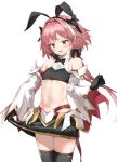  1boy astolfo_(fate) astolfo_(saber)_(fate) bangs bare_shoulders belt black_bow black_gloves black_legwear black_neckwear black_ribbon black_shirt black_skirt blush bow bowtie commentary_request crop_top fang fate/grand_order fate_(series) faulds gloves hair_between_eyes hair_bow hair_intakes highres long_hair long_sleeves looking_at_viewer low_twintails midriff multicolored_hair navel open_mouth otoko_no_ko pink_hair pixel_(yuxian) pleated_skirt purple_eyes ribbon shirt simple_background skirt skirt_hold smile solo streaked_hair thighhighs thighs twintails white_background white_hair wide_sleeves wing_collar 