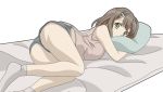 1girl ass bare_shoulders bed blue_shorts blush breasts brown_eyes brown_hair hair_ornament hairclip hidden_mouth kandagawa_jet_girls large_breasts looking_at_viewer lying namiki_rin on_bed on_stomach panties panties_under_shorts pillow pink_panties pink_shirt shiny shiny_skin shirt short_hair shorts simple_background solo underwear watanabegenn white_background 