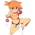  1girl arm_support blue_eyes blush_stickers closed_mouth collarbone eyebrows_visible_through_hair from_above hair_between_eyes kasumi_(pokemon) looking_at_viewer metata midriff navel orange_hair poke_ball pokemon pokemon_(anime) pokemon_(classic_anime) short_hair side_ponytail simple_background sitting smile solo tank_top white_background 