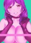  1girl areolae bar_censor blush breasts censored choker clenched_hands collarbone deyuuku elbow_gloves gloves green_background grin hands_up large_breasts long_hair looking_at_viewer love_live! love_live!_school_idol_project nude pink_theme purple_hair simple_background smile solo toujou_nozomi 