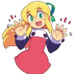  1girl :d blonde_hair blush_stickers dress eyebrows_visible_through_hair green_eyes green_ribbon hair_between_eyes hair_ribbon long_hair looking_at_viewer metata open_mouth ponytail red_dress ribbon rockman roll simple_background smile solo white_background 