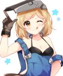  1girl :q absurdres bikini black_bikini black_gloves blonde_hair breasts brown_eyes cleavage djeeta_(granblue_fantasy) gloves granblue_fantasy halterneck hand_on_hip highres looking_at_viewer nameneko_(124) overalls short_hair simple_background solo star suspenders suspenders_slip swimsuit tongue tongue_out upper_body v-shaped_eyebrows welding_mask white_background 