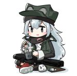  1girl commentary_request cup g11_(girls_frontline) girls_frontline grey_eyes happy hat jacket kemejiho knee_pads lowres shoes silver_hair sitting sneakers solo tea teabag 