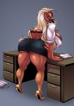  anthro avian big_breasts big_butt bird blonde_hair bottomwear breasts butt clothing desk ecchipandaa female furniture hair looking_at_viewer looking_back miniskirt muscular muscular_legs office_lady simple_background skirt solo thick_thighs 