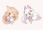  2girls ;d animal_ear_fluff animal_ears bangs bare_shoulders blush bodysuit brown_background chibi commentary_request cynthia_riddle dress eyebrows_visible_through_hair hair_between_eyes hair_ornament highres light_brown_hair long_hair milia_leclerc multiple_girls no_shoes off-shoulder_dress off_shoulder one_eye_closed open_mouth original outstretched_arm p19 purple_eyes red_eyes simple_background smile tail thighhighs very_long_hair white_bodysuit white_dress white_hair white_legwear wide_sleeves 
