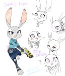  2016 anthro belt blush clothed clothing dipstick_ears disney english_text fully_clothed fur grey_body grey_fur holding_object holding_weapon japanese_text judy_hopps lagomorph leporid mammal multicolored_ears open_mouth open_smile police_uniform purple_eyes rabbit simple_background smile solo srfkkk text toeless_legwear uniform weapon white_background zootopia 