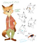  anthro barefoot bottomwear canid canine cheek_tuft clothed clothing disney english_text facial_tuft fox fully_clothed fur green_eyes inner_ear_fluff japanese_text licking licking_lips looking_at_viewer mammal necktie nick_wilde orange_body orange_fur pants red_fox shirt simple_background solo srfkkk standing text tongue tongue_out topwear tuft white_background zootopia 
