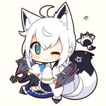  1girl ahoge anchor animal_ears aqua_eyes azur_lane black_legwear black_skirt chibi coat commentary_request fox_ears fox_girl fox_tail hololive muuran one_eye_closed shirakami_fubuki simple_background skirt solo tail thighhighs turret white_coat white_hair 