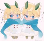  1boy 1girl bangs bass_clef beamed_eighth_notes blonde_hair blue_eyes blue_scarf blush bow buttons chibi coat commentary diamond_(shape) earmuffs eighth_note fur-trimmed_coat fur_trim hair_bow highres kagamine_len kagamine_rin leaf leaf_on_head mipi musical_note musical_note_print scarf short_hair short_ponytail side-by-side snow_bunny spiked_hair swept_bangs treble_clef twitter_username vocaloid white_coat 