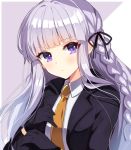  1girl :&lt; bangs black_gloves black_jacket black_ribbon braid collared_shirt danganronpa danganronpa_1 gloves hair_ribbon jacket kirigiri_kyouko lavender_hair long_hair long_sleeves nameneko_(124) necktie purple_eyes ribbon shirt side_braid solo upper_body white_shirt yellow_neckwear 