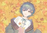  1girl ahoge androgynous autumn autumn_leaves bangs book coat commentary_request eyebrows_visible_through_hair frilled_shirt_collar frills green_eyes green_hair grey_coat hair_between_eyes hair_ornament holding holding_book kuroyuki leaf leaf_background looking_at_viewer lying maple_leaf messy_hair neck_ribbon off-shoulder_jacket on_back original parted_lips ribbon shirt short_hair sleeves_past_wrists smile solo striped upper_body upper_teeth white_shirt 